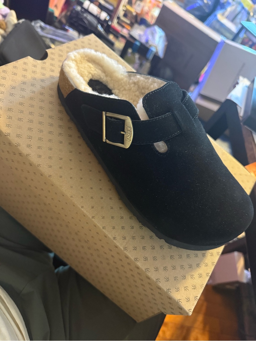 Australia Luxe Collective Black Suede Shearling Clog with Gold Buckle